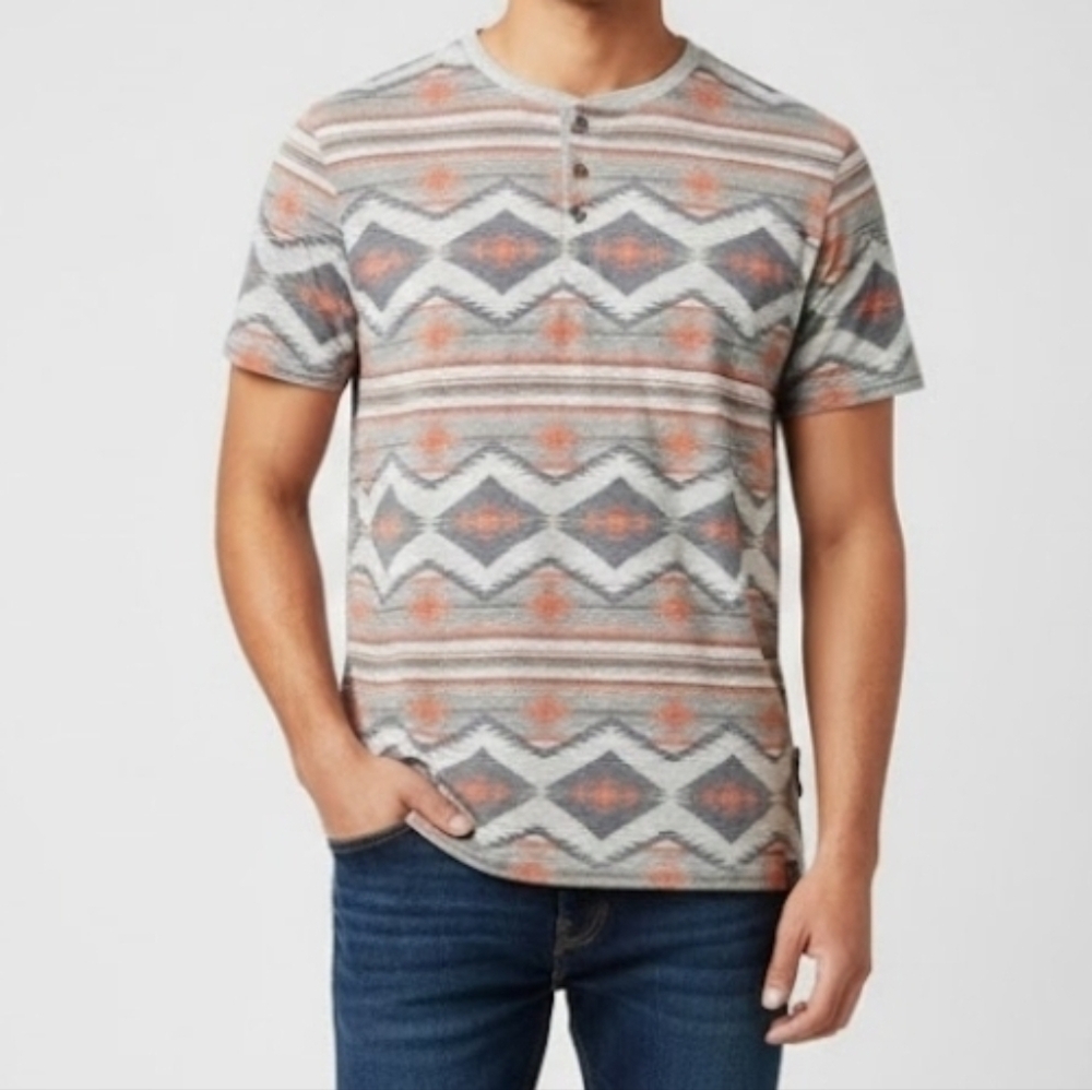 Lucky Brand Mens Size Large Tribal Shirt Pull Over Short Sleeve Top